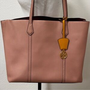 Tory Burch Perry Triple-Compartment Pebbled Leather Tote Pink Moon Shoulder Bag